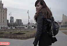 Jeny Smith Flashes Seamless Pantyhose in Public Upskirt Moment. See Her Russian Charm Outdoors.