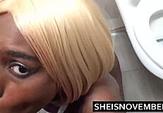 Wow, slim ebony girl msnovember gives risky blowjob in fast food restaurant, big tits out, eye contact