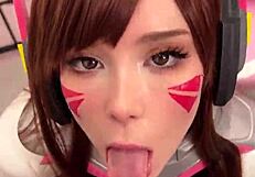 Tiktoker girl cosplays D.Va from Overwatch, sucking dick to facial