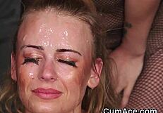 Spicy beauty gets facial ejaculation while in the act of gum eating