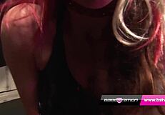 Babestation Live - BDSM session with Mistress Karina Currie dominating a bound brunette.