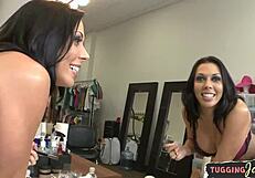 Real milf babe gives a close-up handjob to a hard cock