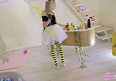 Petite Bonnie Dolce in bee costume licks honey and sucks cocks!