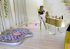 Petite Bonnie Dolce in bee costume licks honey and sucks cocks!