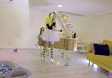Petite Bonnie Dolce in bee costume licks honey and sucks cocks!