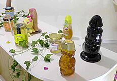 Petite Bonnie Dolce in bee costume licks honey and sucks cocks!