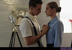 One of the scenes is a snapshot of a racy animated show of a potbellied man face to face with a sensual, but business-like successful career woman