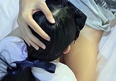 Asian couple in cosplay costumes gives amateur homemade cock massage