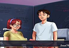 fucking a green monster in summertime saga? nerd bbw gets handjob from busty classmate in bathroom