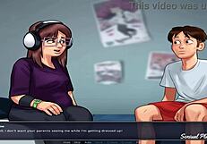 fucking a green monster in summertime saga? nerd bbw gets handjob from busty classmate in bathroom