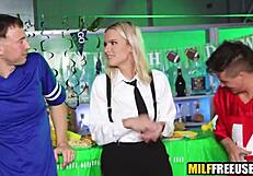 Hot blonde, get freeused by football fans!