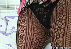 British Milf Louise Bassett's Pussy Gets Detailed Fingering in Nylon Leggings and Pantyhose.