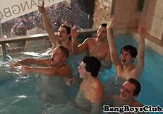 Watch this muscular hunk get banged and cumshowered at the pool party