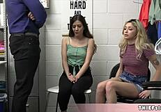 Blonde and brunette teens take on mall cop in rough back room action