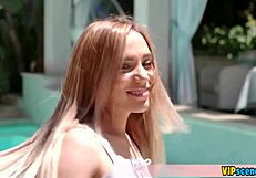 Petite girl takes huge cock from tall boyfriend in doggystyle