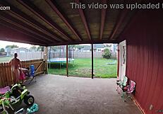 wife sucking and fucking into a creampie on back porch as cars drive by