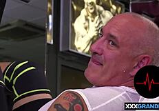 Slim young blonde Anina Silk enjoys private session of sex with her large fat older man partner and exercises on his penis