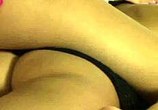 Hot dildo play contrasts two brunette babes on bed