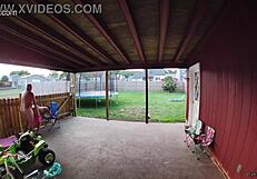 wife sucking and fucking into a creampie on back porch as cars drive by