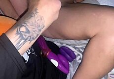 Anal training dildo stretches her tight holes on day 1