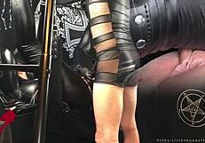 Mistress in black gothic style gets pussy pounded on sex swing