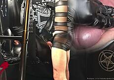 Mistress in black gothic style gets pussy pounded on sex swing