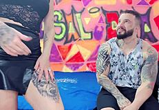 Naughty slave participates in BDSM with couple, deepthroating and getting cum on big tits from both dicks