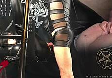 Mistress in black gothic style gets pussy pounded on sex swing