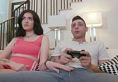 hot handjob for step brother while gaming together.