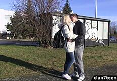 Blonde teen seduced in park for missionary sex and creampie