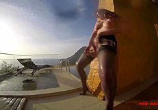 Sexy Mature Redhead in Lingerie Fingering Herself by the Pool