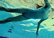 Russian teen Anna Netrebko strips bikini by pool, showing tight pussy and small tits