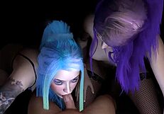 Two girls with bright hair bring the oral satisfaction in 3D animation of two girls