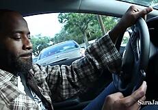 Sara jay, the busty cougar, rides her driver shaundam passionately in the car