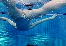 Russian teen Anna Netrebko strips bikini by pool, showing tight pussy and small tits