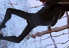 Russian teen Anna Netrebko strips bikini by pool, showing tight pussy and small tits