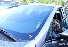 Sara jay, the busty cougar, rides her driver shaundam passionately in the car