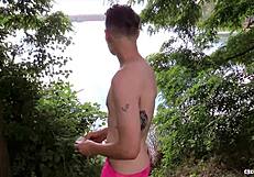 ripped guy sucks and rides big cock in flat