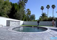 The tiny teenager Maya Woulfe likes swimming naked before riding a large dick Donnie Rock
