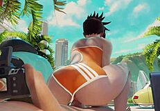 Overwatch Tracer Rides Cock Cowgirl Style at Public Beach, Creampie.
