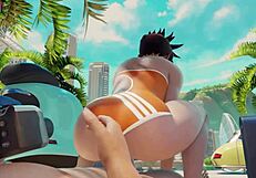 Overwatch Tracer Rides Cock Cowgirl Style at Public Beach, Creampie.