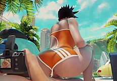 Overwatch Tracer Rides Cock Cowgirl Style at Public Beach, Creampie.