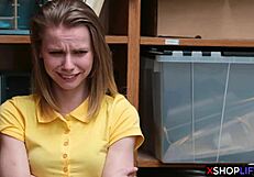 Russian slender teen gets caught stealing by a security guy in the office.