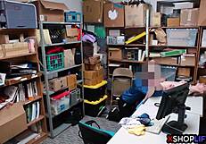 Russian slender teen gets caught stealing by a security guy in the office.