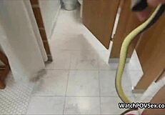 Lesbian Amateurs Use Doublehead Dildo for Pussy Fucking in Public Restroom POV