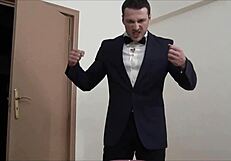 Muscular Bodybuilder Waiter Hulk Masturbates Intensely