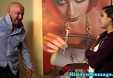 Masseuse plays with cum after a handjob