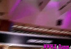 unexpected public trio in erotic salon