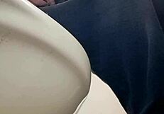 A hairy fellow ejaculates while pissing in public washroom, an another fellow imagining it and jerks off