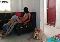 Stepsister milks orgasm from oral in living room.